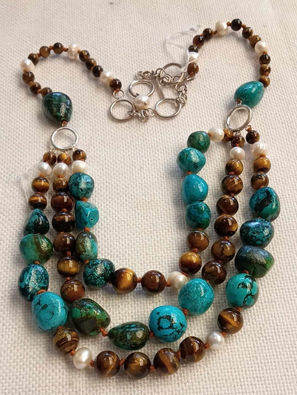 Three-Strand Heavy Necklace: Genuine Pearl, Turquoise, & Tiger Eye, EUC Gorgeous